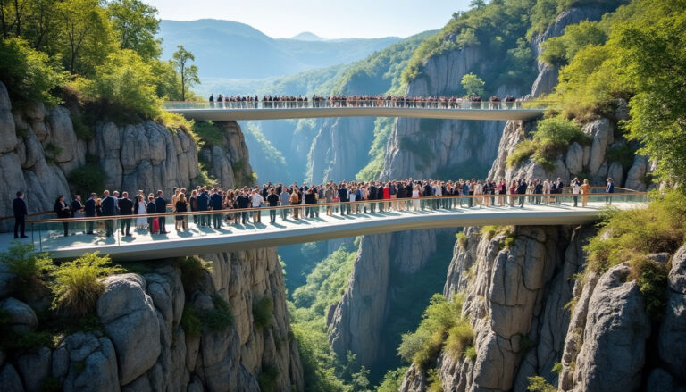 découvrez la cérémonie d'inauguration des nouvelles passerelles à durfort, au cœur des magnifiques gorges du sor, un lieu alliant nature et patrimoine.